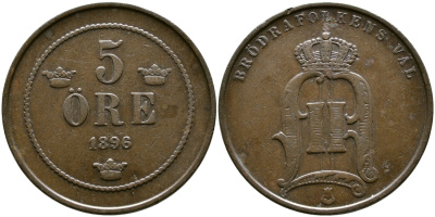 Швеция 5 эре 1896 Оскар II (1872-1907) король Швеции и Норвегии KM 757 бронза 259-1016