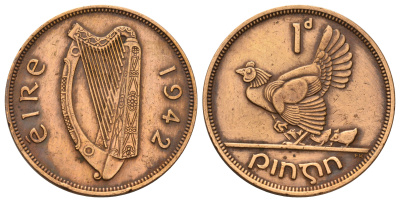 Ирландия 1 пенни 1942 курица с цыплятами KM 11 бронза 4512-941