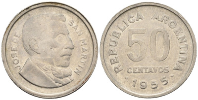 Аргентина 50 сентаво 1955 генерал Хосе де Сан Мартин KM 49, CJ 226, Schon 52 сталь плакированная никелем    60-1011