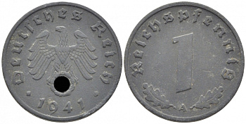 ГЕРМАНИЯ 1 РЕЙХСПФЕННИГ 1941 A KM 97, J. 369 цинк 112-465