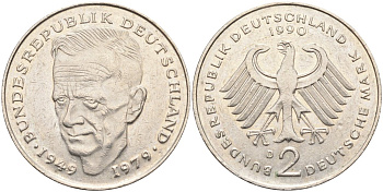 ФРГ 2 марки 1990 D, Курт Шумахер, 30 лет Федеративной Республике (1949-1979) KM 149, J. 424 медно-никель 4139-134
