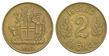 Исландия 2 кроны 1963 KM 13a.1 никель латунь 4635-121