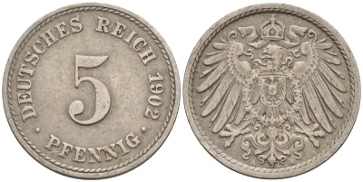 Германия 5 пфеннигов 1902 G KM 11, J. 12 медно-никель 4151-437