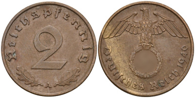 Германия 2 рейхспфеннига 1940 A KM 90, J. 362 бронза 4151-155