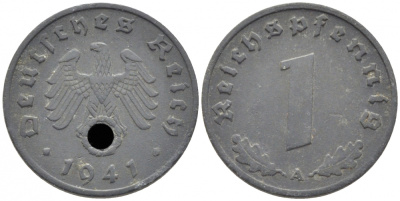 ГЕРМАНИЯ 1 РЕЙХСПФЕННИГ 1941 A KM 97, J. 369 цинк 112-465