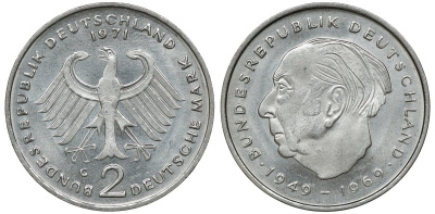 ФРГ 2 МАРКИ 1973 G, ТЕОДОР ХОЙС KM 127, J. 407 медно-никель плакированный никелем плакированный никелем UNC 72-535