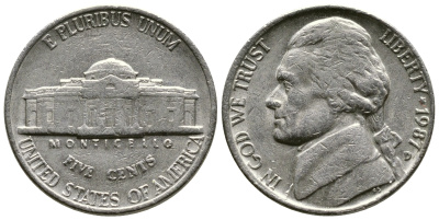 США 5 ЦЕНТОВ 1987 D, ДЖЕФФЕРСОН KM А192 медно-никель 25-2132