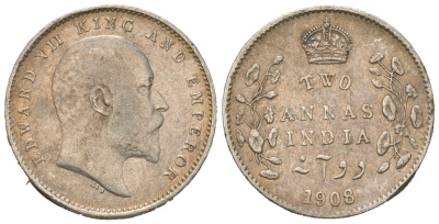 Британская Индия 2 анны 1908 Эдуард VII (1901-1910) KM 505 серебро 443-125