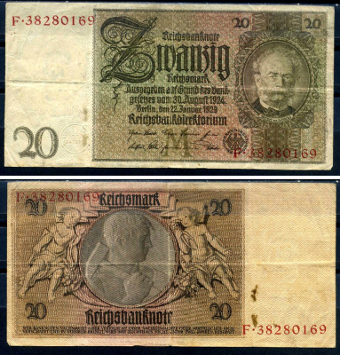 Германия 20 рейхсмарок 1929 22 января 1929, серия F Pick 181 a (1-2) бумага 7552-44-3-2