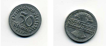 ГЕРМАНИЯ 50 ПФЕННИГОВ 1921 D KM 27, J. 301 алюминий 29-324