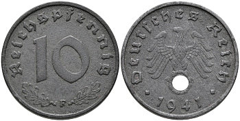 ГЕРМАНИЯ 10 РЕЙХСПФЕННИГОВ 1941 F KM 101, J.371 цинк 95-755