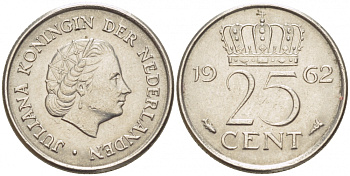 НИДЕРЛАНДЫ 25 ЦЕНТОВ 1962 ЮЛИАНА KM 183 никель 3309-637