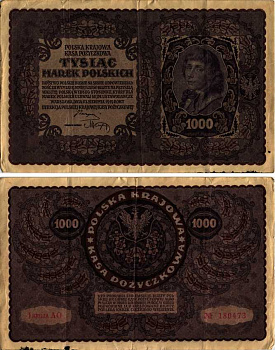 ПОЛЬША 1000 МАРОК 1919 23 АВГУСТА 1919, ТРЕТИЙ ВЫПУСК, ПОРТРЕТ КОСТЮШКО Pick 29 бумага VF 8607-28-1