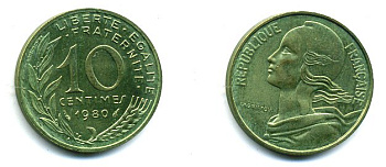 ФРАНЦИЯ 10 САНТИМОВ 1980 ТИП MARIANNE КМ 929, LE FRANC 144.20 алюминиевая бронза 3999-713