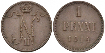 Россия для Финляндии 1 пенни 1914 Николай II (1894-1917) KM 13, Биткин 474 медь 4396-1418