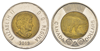 Канада 2 доллара 2012 Leaf, Елизавета II (1952-2022), полярный медведь KM 1257 биметалл UNC 4637-1037