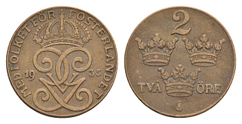 Швеция 2 эре 1935 Густав V (1907-1950) KM 778 бронза 4655-834