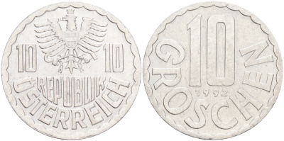 АВСТРИЯ 10 ГРОШЕЙ 1992 KM 2878 алюминий 4528-568