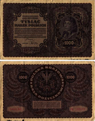 ПОЛЬША 1000 МАРОК 1919 23 АВГУСТА 1919, ТРЕТИЙ ВЫПУСК, ПОРТРЕТ КОСТЮШКО Pick 29 бумага VF 8607-28-1