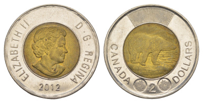 Канада 2 доллара 2012 Leaf, Елизавета II (1952-2022), полярный медведь KM 1257 биметалл UNC 4637-1037