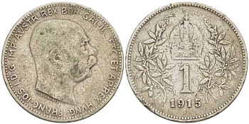АВСТРИЯ 1 КОРОНА 1915 ФРАНЦ ИОСИФ (1848-1916) KM 2820 серебро 84-845