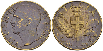 ИТАЛИЯ 10 ЧЕНТЕЗИМО 1942 ВИКТОР ИМАНУИЛ III KM 74a алюминиевая бронза 31-1212