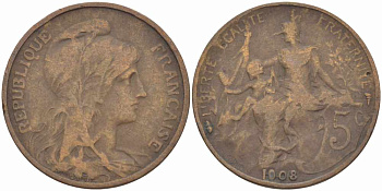 ФРАНЦИЯ 5 САНТИМОВ 1908 ТИП ДАНИЭЛЬ ДЮПЮИ KM 842, LE FRANC 119.19 бронза 108-914