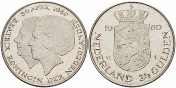 Нидерланды 2 1/2 гульдена 1980 коронация Беатрикс, 30 апреля 1980 KM 201 никель 38-836
