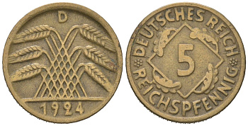Германия 5 рейхспфеннигов 1924 D KM 39, J. 316 алюминиевая бронза 3955-1259