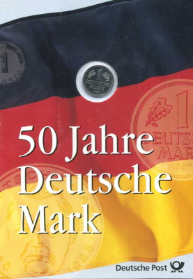 ФРГ 1 марка 1994 D, 50 лет немецкой марке, картонный буклет, официальный выпуск немецкой почты (Deutsche Post) UNC 00-00