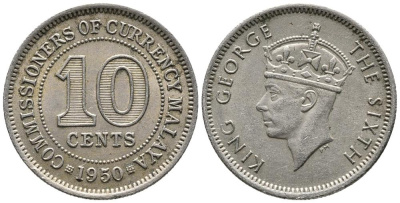 Британская Малайя 10 центов 1950 Георг VI (1937-1952) KM 8 медно-никель 4549-636