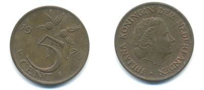 Нидерланды 5 центов 1976 Юлиана (1949-1980) KM 181 бронза 83-855