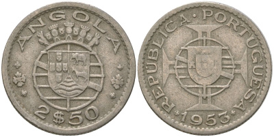 Ангола 2 1/2 эскудо 1953 KM 77 медно-никель 4621-651