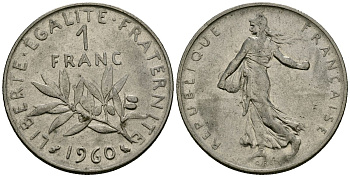 Франция 1 франк 1960 сеятель KM 925 никель 4135-757