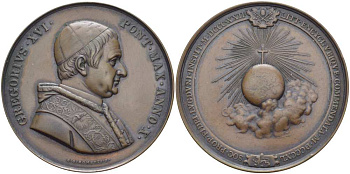 ВАТИКАН МЕДАЛЬ 1840 ПАПА РИМСКИЙ ГРИГОРИЙ XVI (1831-1846) ДЛЯ ЛИОНСКОГО (ФРАНЦИЯ) ОБЩЕСТВА РАСПРОСТРАНЕНИЯ ВЕРЫ, ОТКРЫТОГО В 1822 ГОДУ ПАПОЙ ПИЕМ VII, МЕДАЛЬЕР ДЖУЗЕППЕ GIROMETTI, ДИАМЕТР 51 ММ., ВЕС 63,55 ГР. Lincoln-2196 бронза 1084-1-42