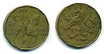 Чехия 20 крон 1993 чешский лев, герцог Вацлав на коне KM 5 сталь плакированная латунью 59-1721