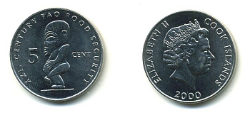 ОСТРОВА КУКА 5 ЦЕНТОВ 2000 ИДОЛ, FAO KM 369 медно-никель 59-446