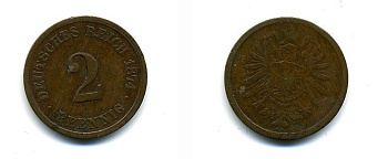 ГЕРМАНИЯ 2 ПФЕННИГА 1874 G, СТАРОГЕРБОВКА KM 2, J.2 медь 35-544