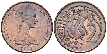 Новая Зеландия 2 цента 1971 Елизавета II (1952-2022), два цветка каухаи KM 32.1 бронза  UNC  4176-455