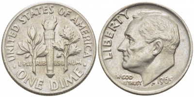 США 10 ЦЕНТОВ = 1 ДАЙМ 1965 РУЗВЕЛЬТ KM 195а медь плакированная медно-никелем 105-1046