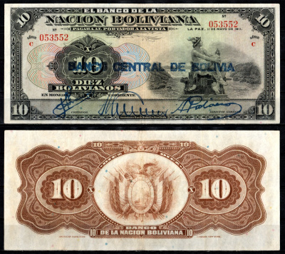 Боливия 10 боливиано 1911 (1929) надпечатка на Pick 107, серия C Pick 114 a(2)  бумага   451-1345-2