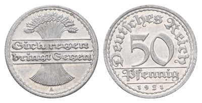 Германия 50 пфеннигов 1921 A KM 27, J. 301 алюминий UNC 3856-726