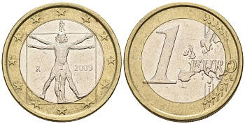 Италия 1 евро 2009 Витрувианский человек KM 216 биметалл 4148-652