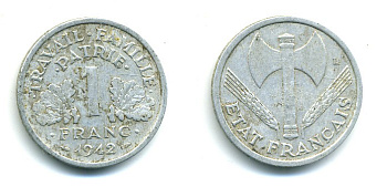 ФРАНЦИЯ 1 ФРАНК 1942 LB, ТИП LOURDЕ, ПРАВИТЕЛЬСТВО ВИШИ KM 902.1, LE FRANC 222.2 алюминий 84-236