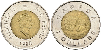 Канада 2 доллара 1996 полярный медведь KM 270 биметалл 4587-811