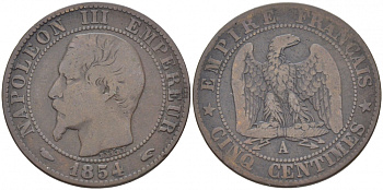 ФРАНЦИЯ 5 САНТИМОВ 1854 A, НАПОЛЕОН III (1852-1870) KM 777.1, LE FRANC 116.8 бронза 4448-1214