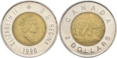 Канада 2 доллара 1996 полярный медведь KM 270 биметалл 4587-811