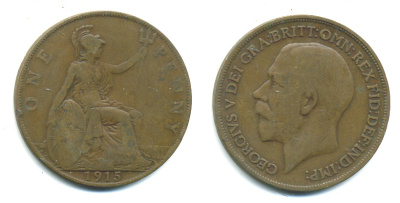 Великобритания 1 пенни 1915 Георг V (1910-1936) KM 810, Spink 4051 бронза 4383-626