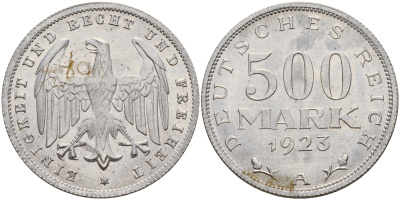 Германия 500 марок 1923 А KM 36, J. 305 алюминий 4595-245