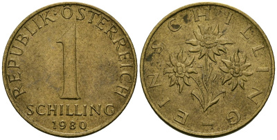 Австрия 1 шиллинг 1980 KM 2886 алюминиевая бронза 4138-436